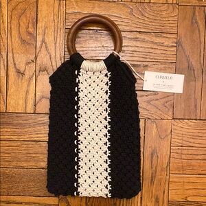 Black and Cream Macramé Clutch with Wooden Handle
